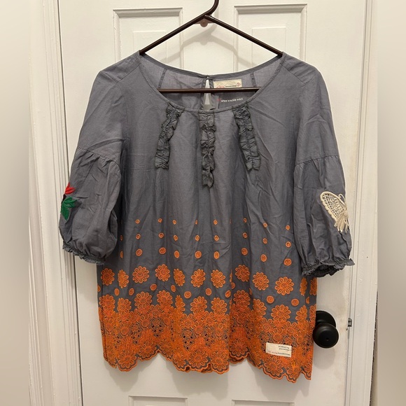 Odd Molly Tops - ODD MOLLY 100% COTTON GRAY BLOUSE WITH INTRICATE EMBROIDERY SIZE 2/MEDIUM